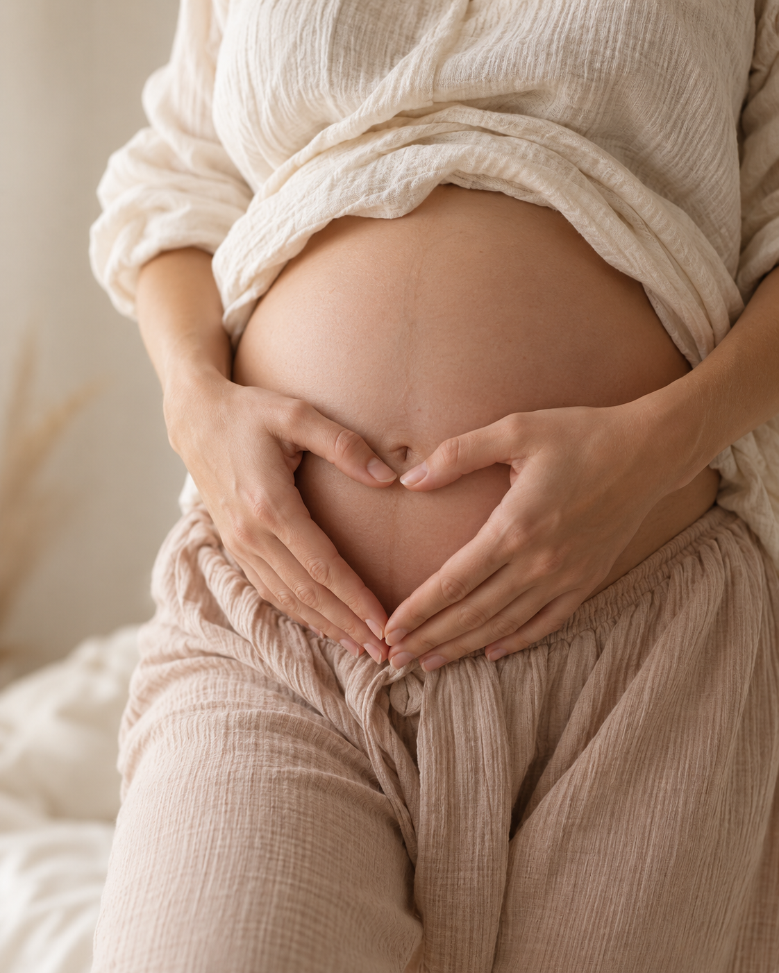Mains formant un cœur autour d’un ventre de femme enceinte